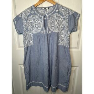 Dolma Embroidered Blue White Striped Cotton Tunic Dress Handcrafted XL READ